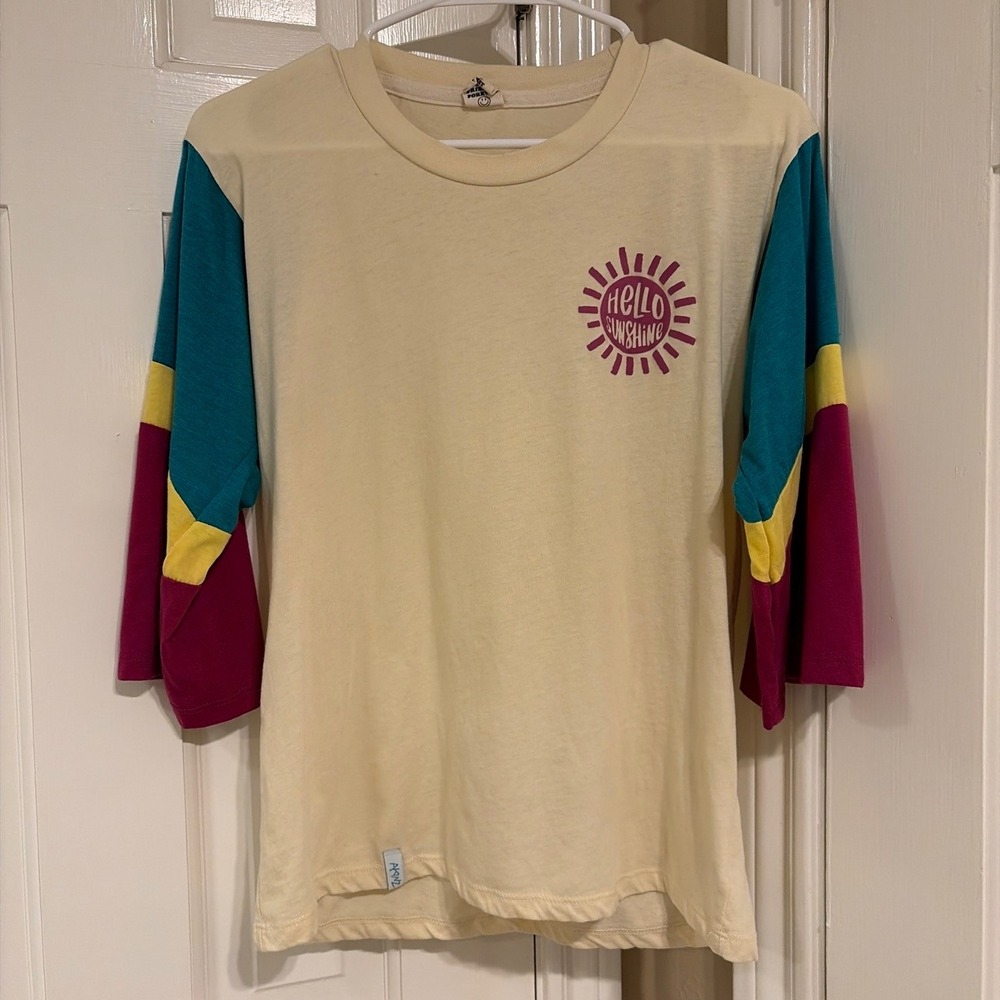 Camp Collection Hello Sunshine Colorblock 3/4 Sleeve Graphic Tee Cream Medium